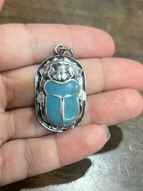 EGYPTIAN REVIVAL SCARAB 925 STERLING SILVER TURQUOISE GEMSTONE PENDANT